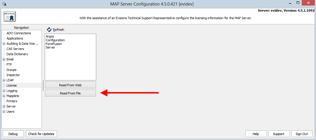 License screen in MAPS showing the Read From File and Read From Web buttons